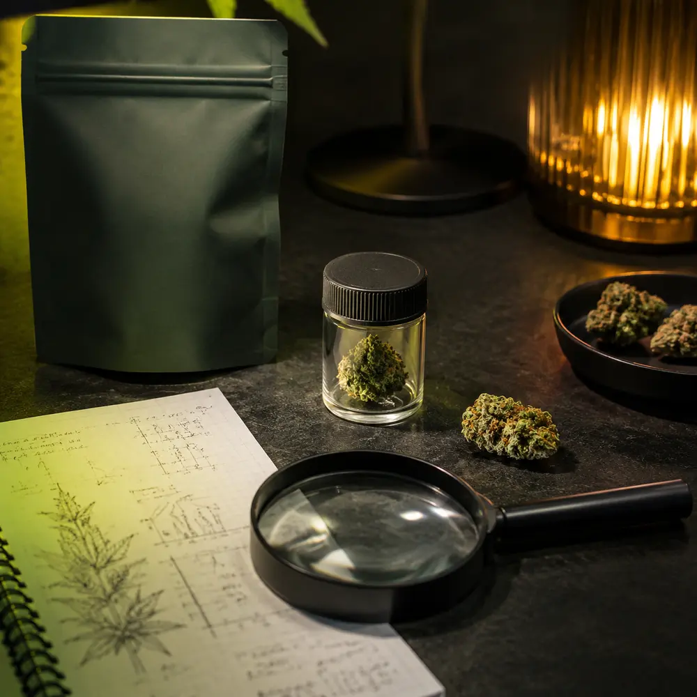 Unbranded cannabis package, sample jar, notebook, and magnifying glass arranged for close inspection