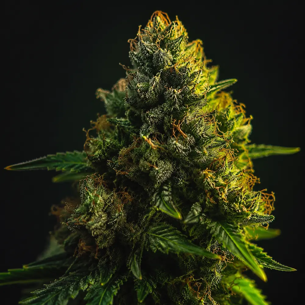 Macro photograph of a cannabis flower under controlled studio lighting