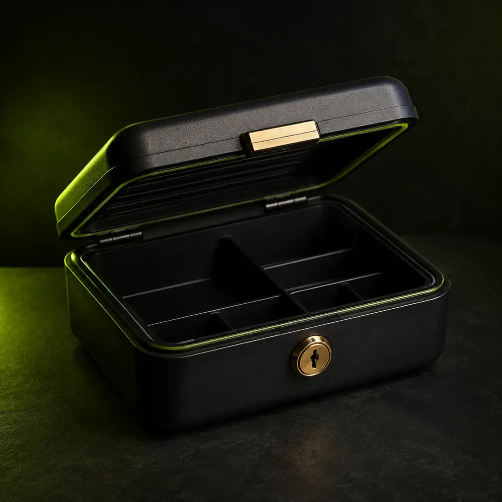 Matte black lockbox photographed in a dark studio